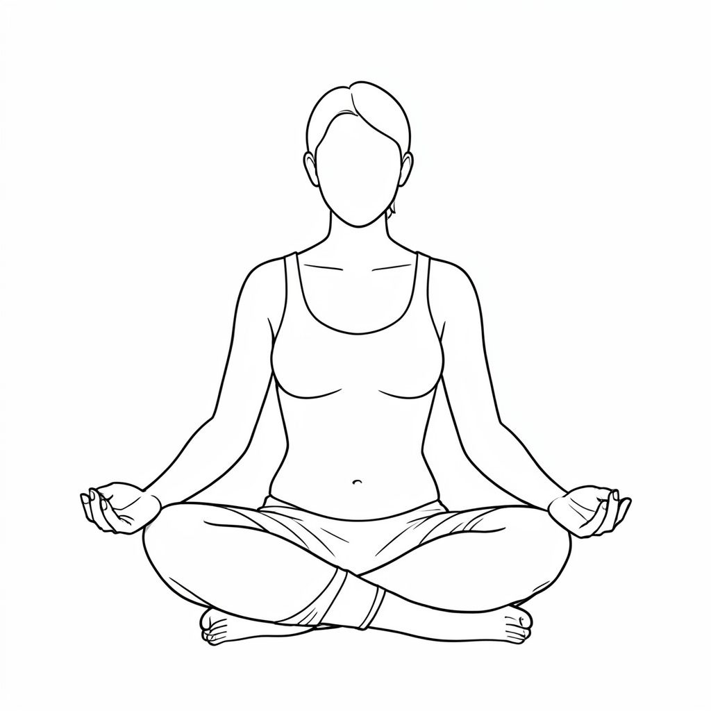 A calm line drawing of a seated figure with gentle wavy lines radiating from the head, rendered in soft blue and white tones suggesting quiet mental focus