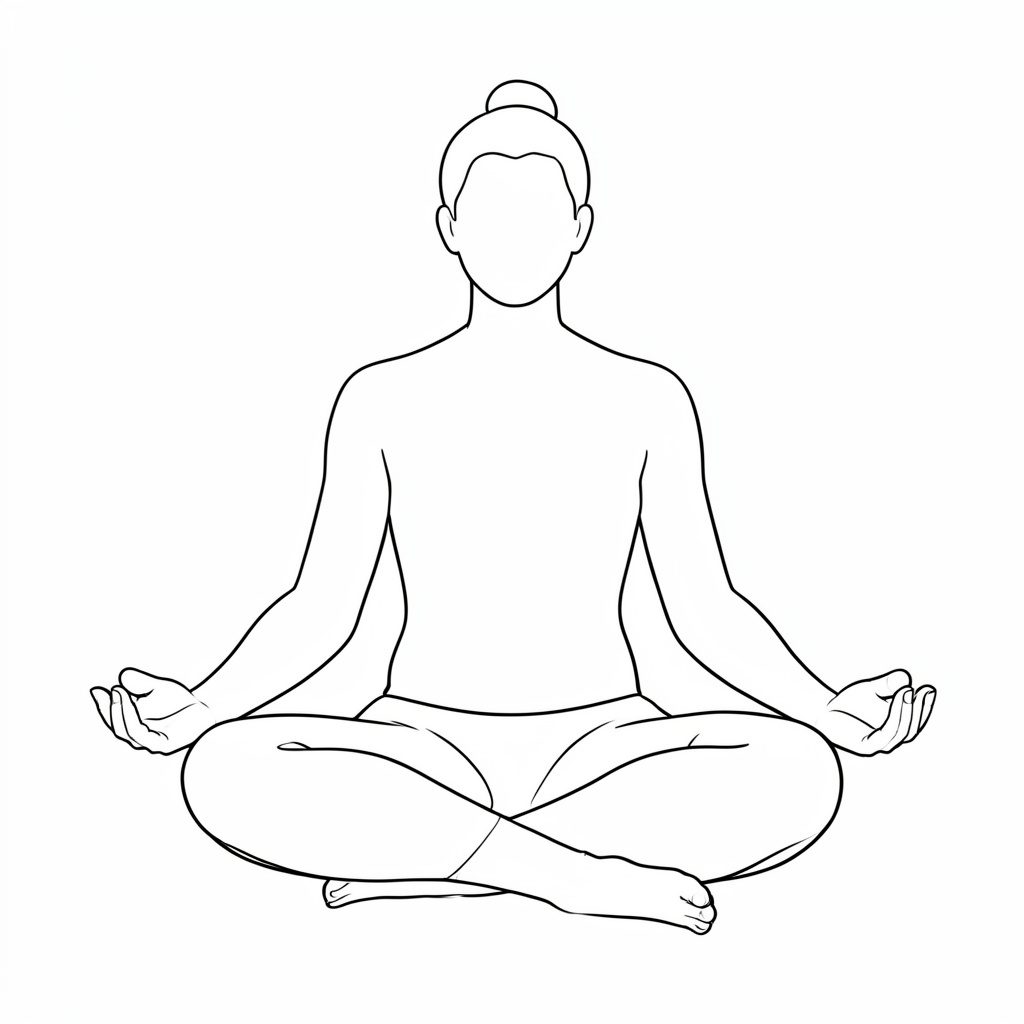 A simple line drawing of a person sitting cross-legged in meditation, rendered in soft black strokes on a warm off-white background, evoking calm and quiet focus.
